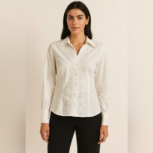 Ann Taylor cotton embroidered elegant coquette White Button-Up  Blouse